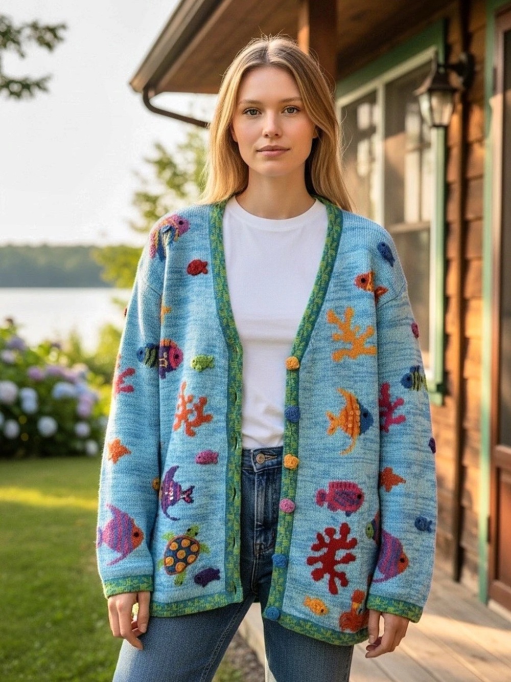 Storybook Knits Embroidered Fish Cardigan Blue New with Tags 1X Ocean Sweater